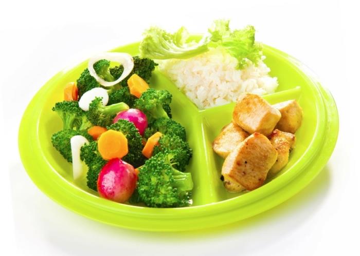 neonsko zelena plošča, polna solate, mesa in riža, prehranski načrt, solata iz repe z brokolijem, belo ozadje