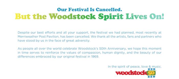festival Woodstock 50, ki je bil prvotno predviden za tri dni v bližini Baltimora, je bil odpovedan