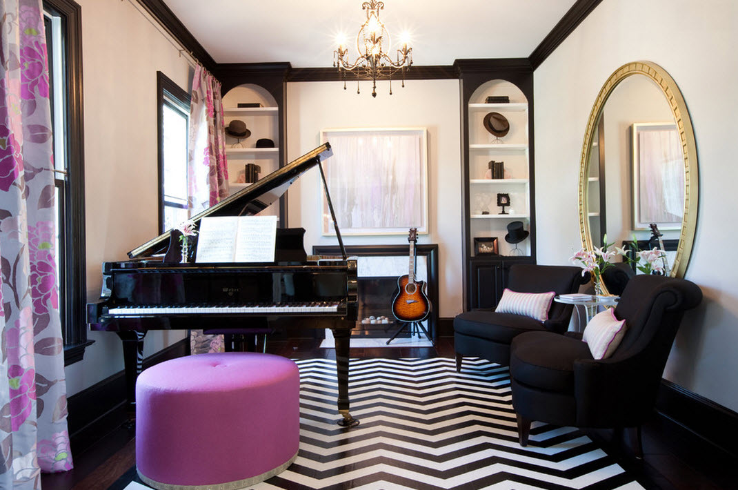 Sala de estar rosa, blanco y negro: combinación elegante