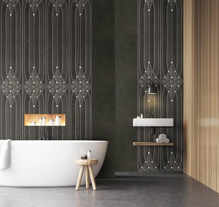 banyo için ne renk, antrasit gri renkli duvar kaplaması, ahşap panelli duvar bölümü ile koyu duvarlı banyo