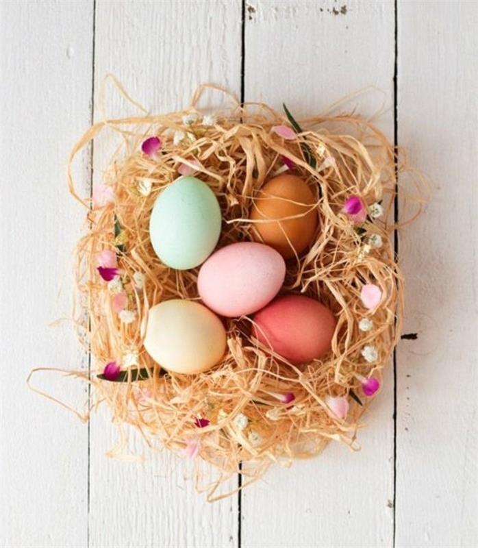 labai gražus kiaušinių lizdas, pilnas skirtingų spalvų kiaušinių, paprastas ir gražus pasiūlymas