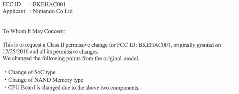 Nintendo, bileşenlerini değiştirmek amacıyla FCC'ye Geçişini değiştirmek için bir yetki talebinde bulunacaktı.