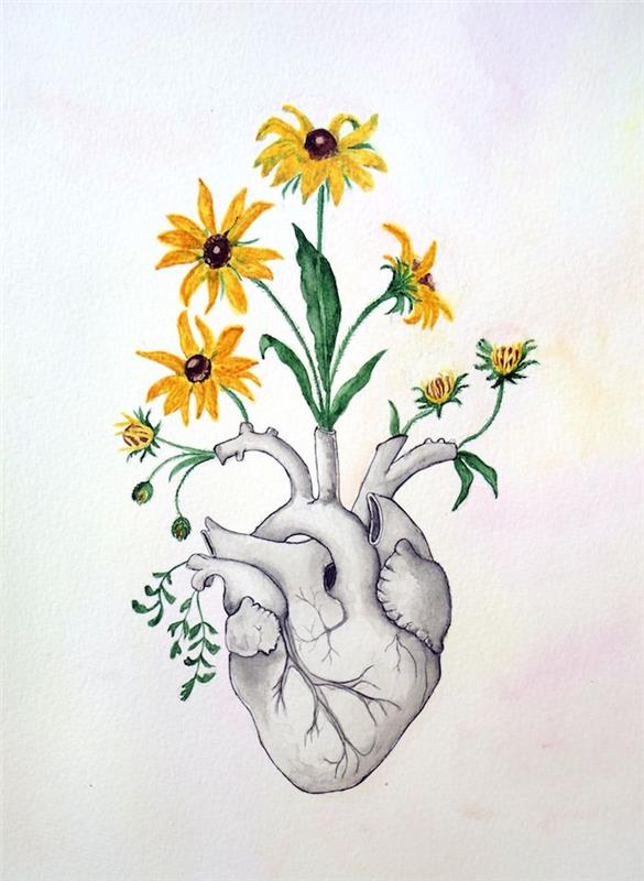 üzerinde büyüyen sarı çiçekler ile insan kalbinin gerçekçi çizimi, çeşitli renklerin suluboya arka planı