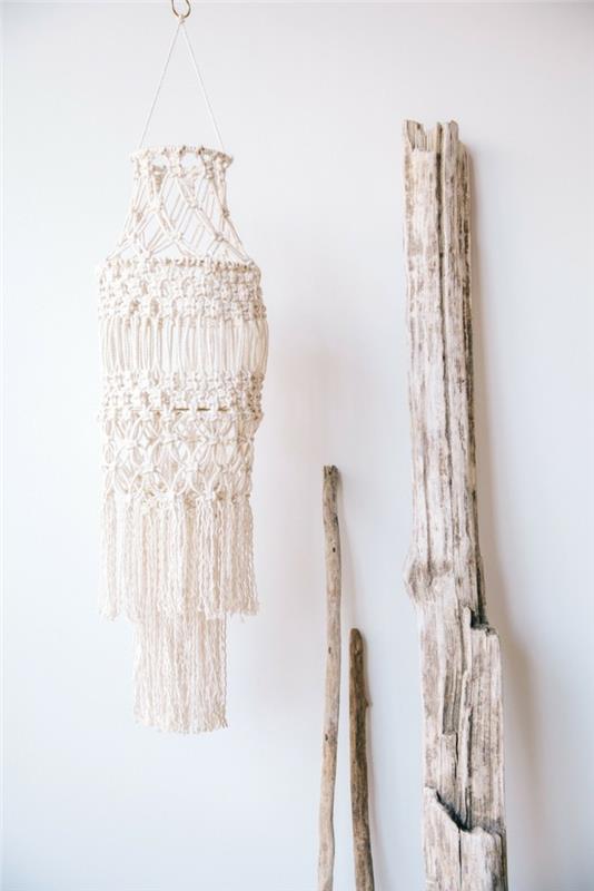 diy macrame, bež svečnik, boemska dekoracija, bele stene, tehnični makrame