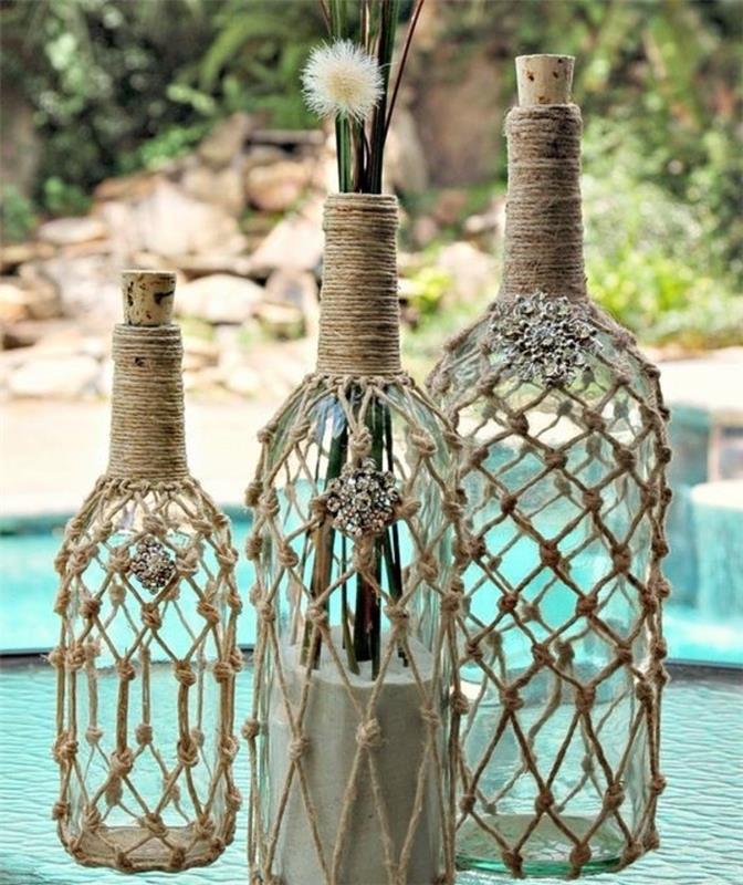 diy macrame, zunanji bazen, narava, steklenica, dekoracija macrame