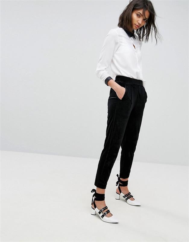 Klasična črno-bela obleka, kako nositi črne zožene hlače in belo srajco, dvobarvne čevlje z nizko peto