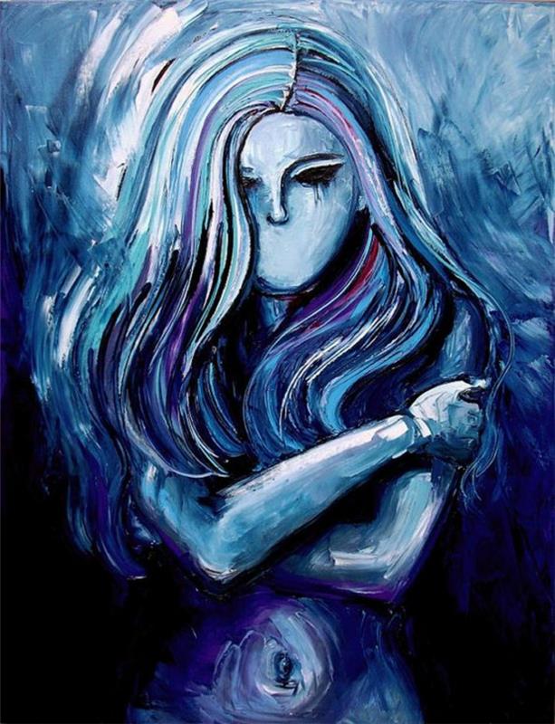 barva modro sivi odtenki modre na umetniškem delu slika z žensko z dolgimi lasmi, ki je skrila svoj goli doprsni kip