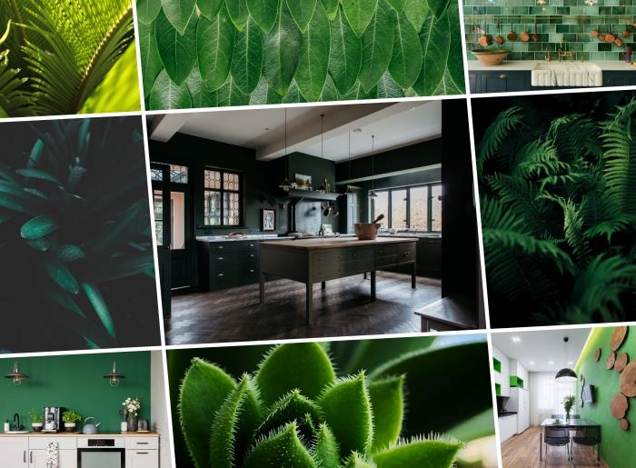 prostorna kuhinjska dekoracija s stenami smaragdno zelene barve, kakšna trendovska barva za kuhinjo