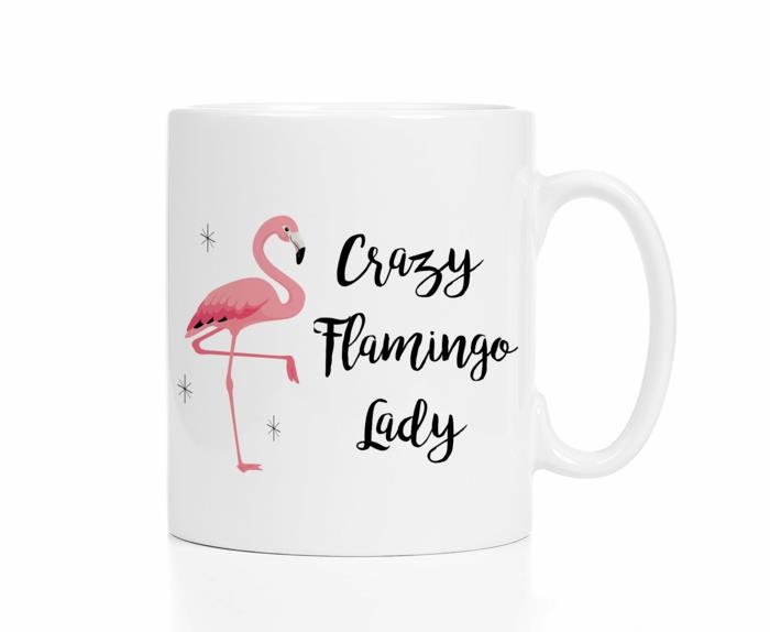 skodelice, bela skodelica s flamingom in črnimi napisi, izviren okrasni predmet, dodatek za flamingo, eksotična dekoracija