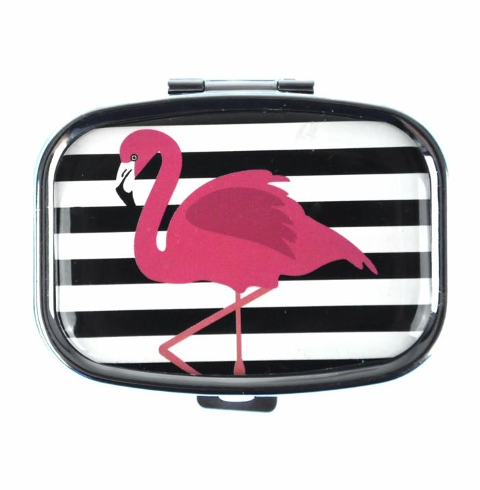 dodatek za flamingo, majhna škatla za tablete z okrasjem flamingo, kovinska škatla s črno -belimi vodoravnimi črtami