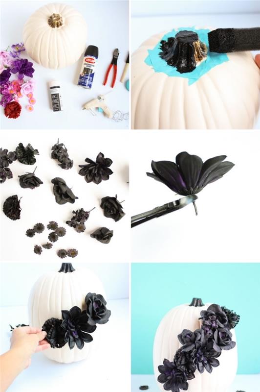 lengva pamoka papuošti moliūgą, elegantišką Helovino moliūgų modelį baltais dažais ir papuošti dirbtinėmis juodomis gėlėmis