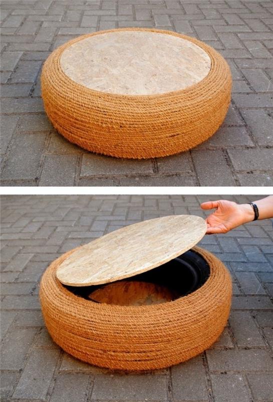 kako narediti enostavno reciklirano pnevmatiko, model stolčka za pnevmatike, okrašen z vrvjo s pokrovom za shranjevanje
