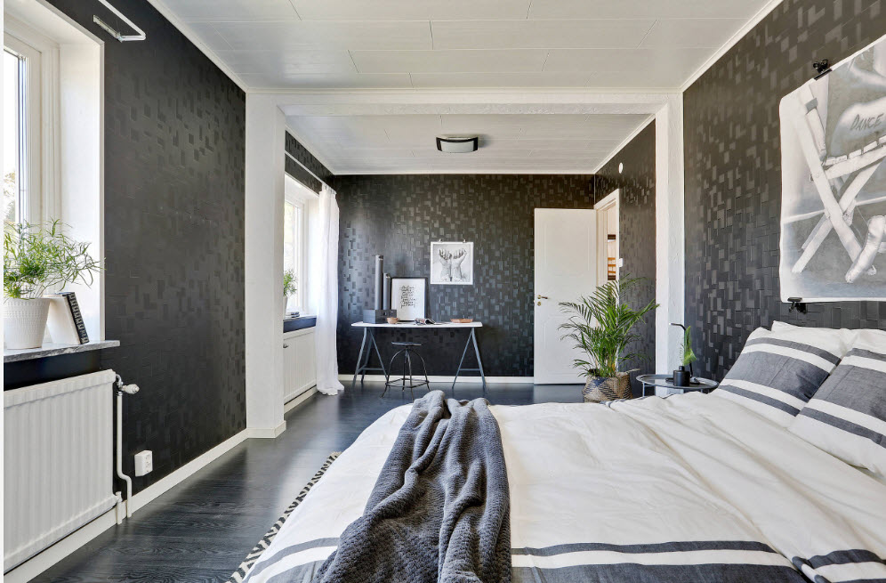 Karanlık duvar kağıdı ile yatak odası