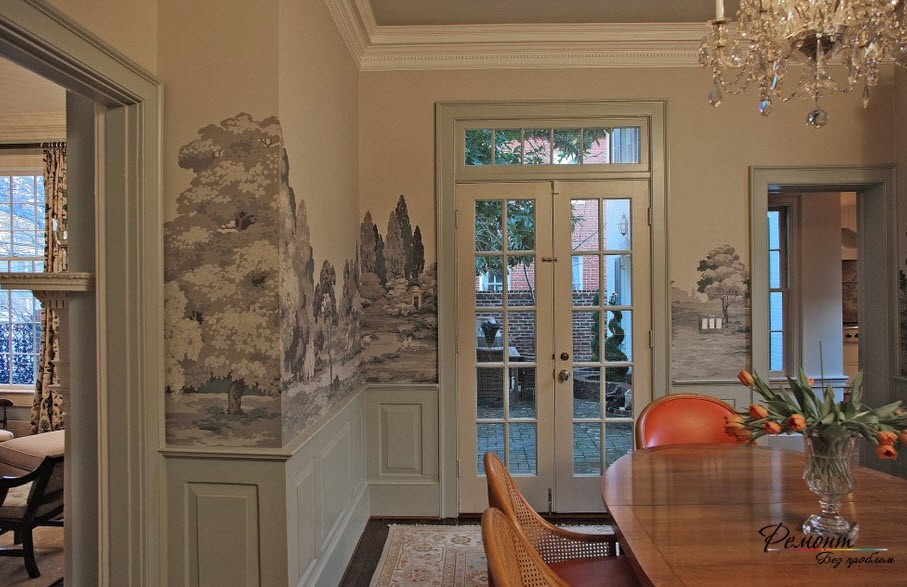 Hermoso interior con pintura de paisaje original en las paredes.