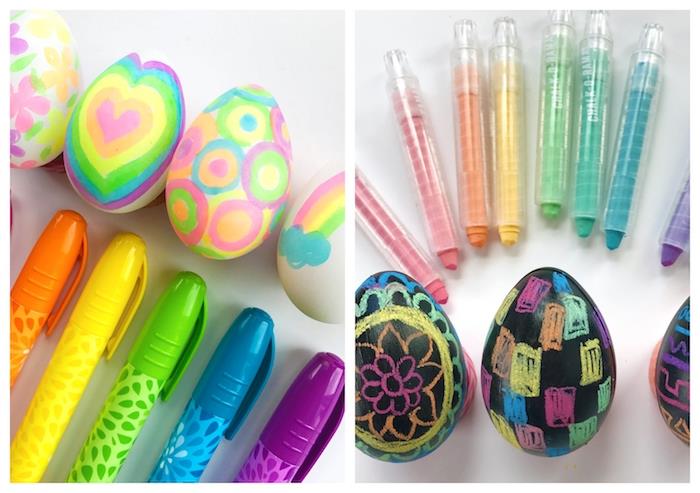 Velikonočna jajca, obarvana z neizbrisnimi oznakami, in jajca v barvi skrilavca z risbami krede, enostavna velikonočna dekoracija