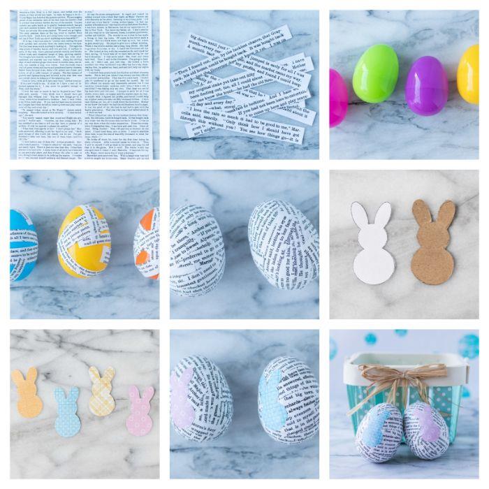 yetişkinler için kağıt ve DIY paskalya tavşanı deseni ile süslenmiş plastik paskalya yumurtaları