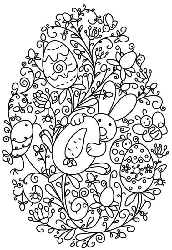 çocuklar için kolay boyama, Fısıh temalı basit çizim fikri, tavşan ve yaprak desenleri ile büyük yumurta çizimi