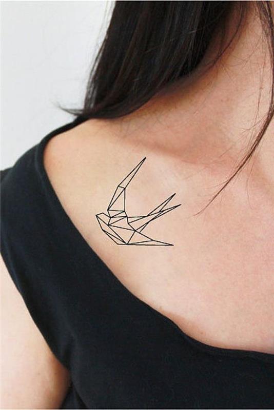 minimalistična tetovaža pod ramo, geometrijska ptica, diskretna ženska tetovaža pod ključno kostjo