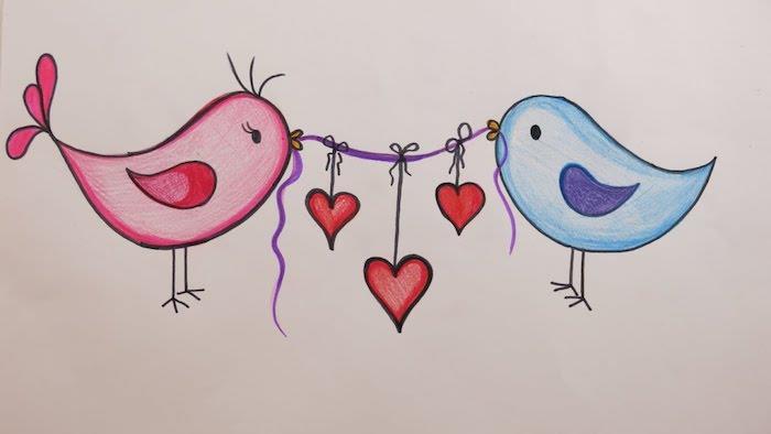 pembe kuş ve mavi kuş, mor bir ipin iki ucunu kırmızı kalpler asılı, aşk çizimi