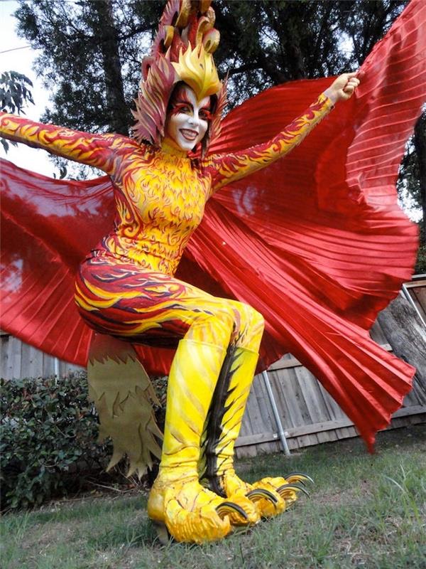Alevler içinde orijinal kırmızı ve sarı anka kostümü, yetişkin kadın kostümü, karnaval kostümü
