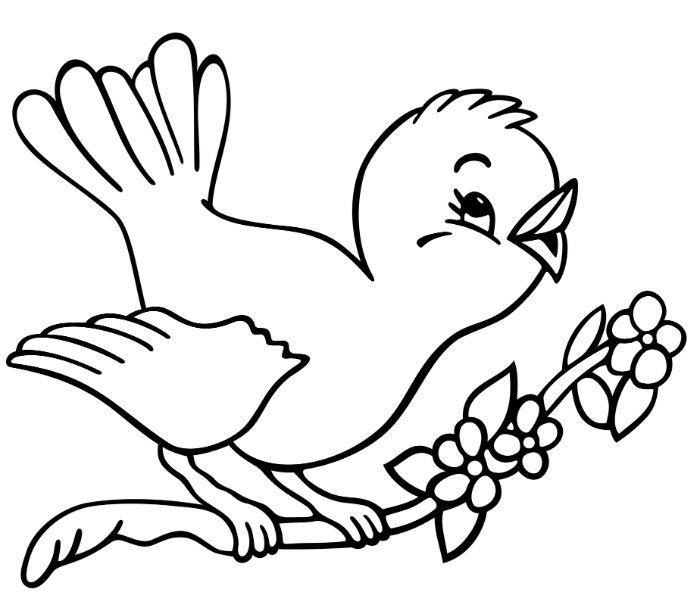 risanje ptic, ki sedijo na cvetoči veji, barvanje za preproste otroke, živali za barvanje