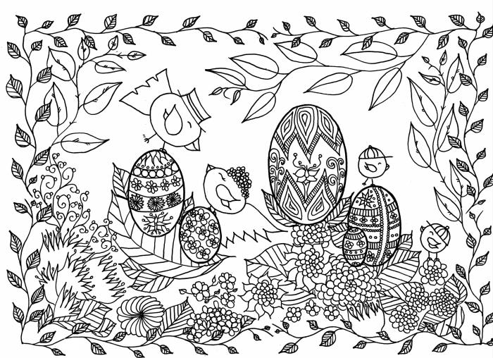 meditasyon için bahar boyama, yetişkinler için mandala boyama fikri, Paskalya teması üzerine mandala illüstrasyonu
