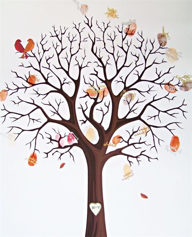 naslovnica za poročni tematski album z albumi z risbo praznega drevesa z zaljubljenimi pticami in odtisi