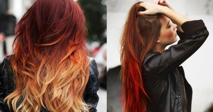 rdeči ombré, barva las ob sončnem zahodu, rdeča in oranžna blondinka začetne barve