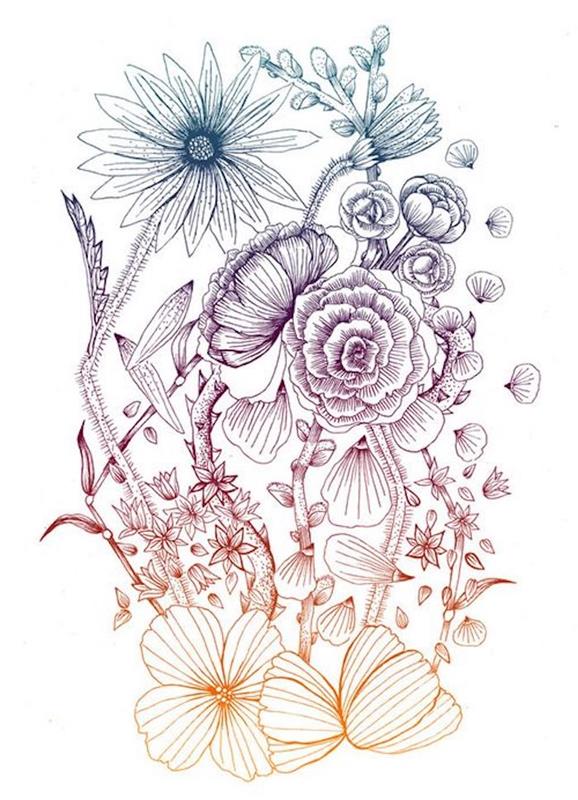 Zasenčene barve cvetje kompozicija navdih začnite risati risbo korak za korakom