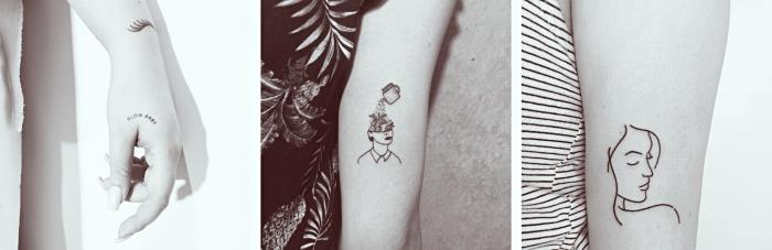 mali rokopisni mali črk na roki, ženska oblikovalska tetovaža z obrazom in glavo v cvetju