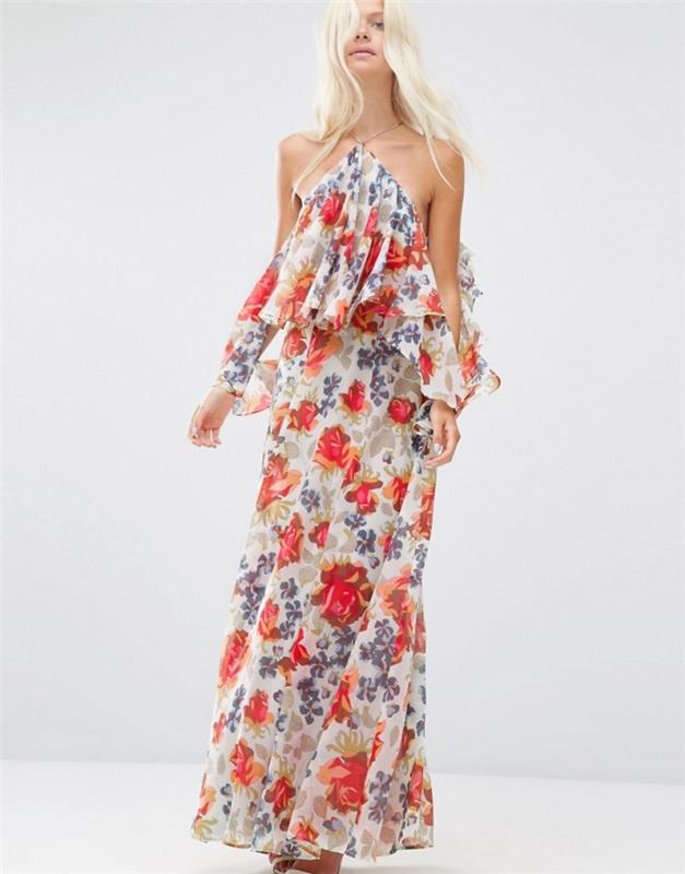 ilgos suknelės modelis su sluoksniuotu viršumi ir asimetrine apykakle, gėlių dizaino paplūdimio drabužiai moterims
