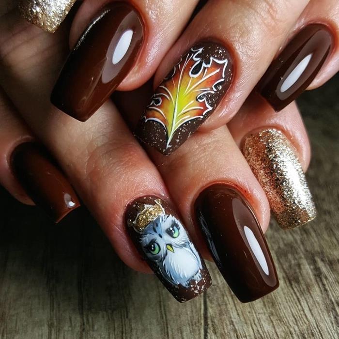 dolgi nohti rjava tehnika gelnega laka originalna manikura risba jesenski list nail art sova modelle nohti padec