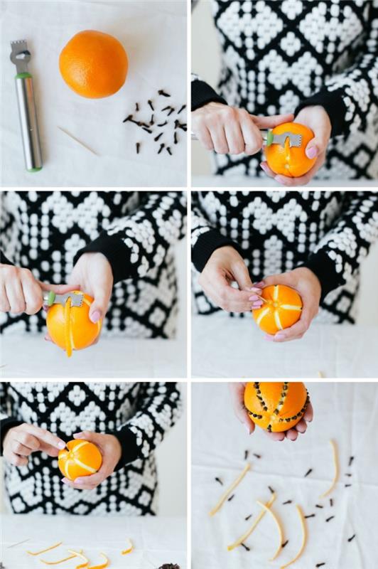 žingsniai, kurių reikia laikytis norint lengvai papuošti Kalėdų stalą vaisiais, pavyzdys, kaip nulupti apelsino žievelę