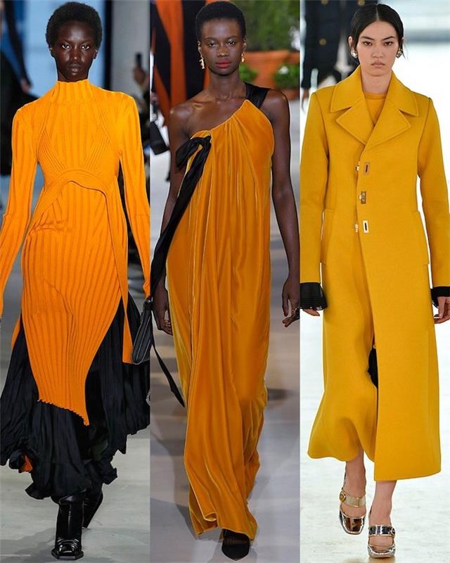 vzporedne fotografije treh različnih oblek, zimske mode za ženske, žensk v dolgih rumenih in oranžnih oblekah