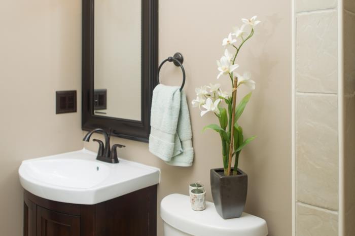 gölge houseplant, banyo tesisi, siyah çerçeveli büyük dikdörtgen ayna, yeşil banyo, bej boyalı duvarlar, bej fayans