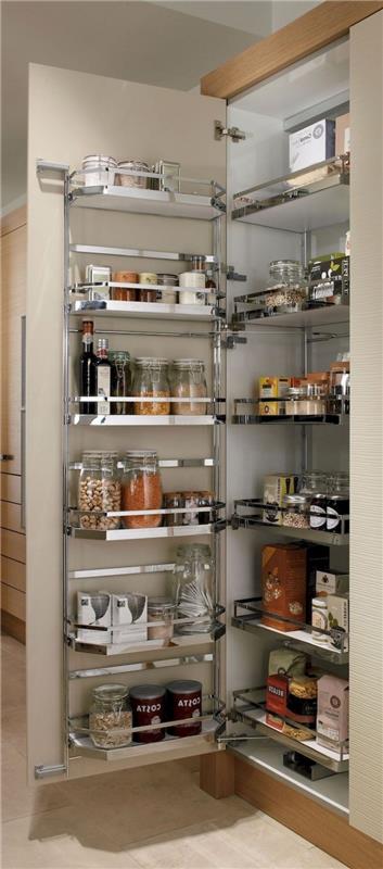 Dolap kapaklarında metal raflı ve sürgülü çekmeceli mutfak dolabı depolama sistemi