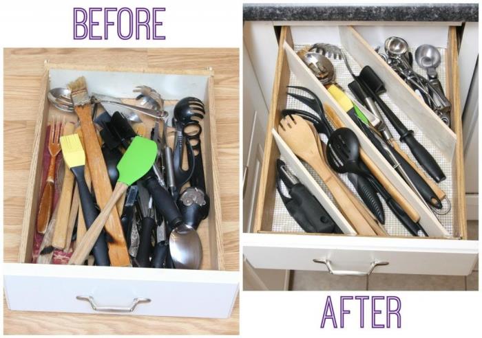 mutfak eşyalarını saklamak ve mutfak çekmecelerini toplamak için kendin yap mutfak dolabı düzenleyicisi