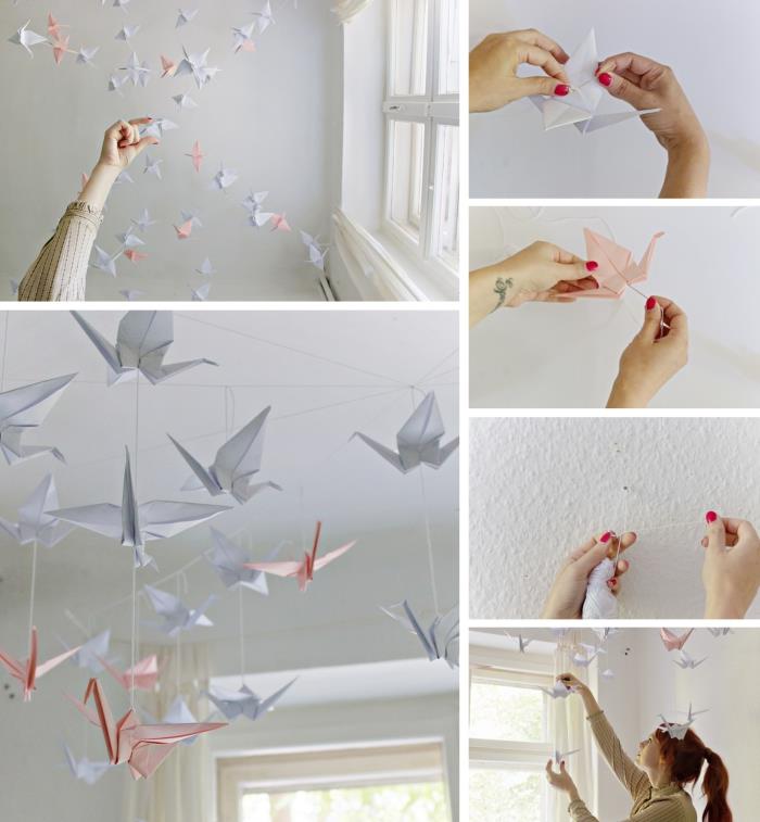 genç kız odasında beyaz tavan dekorasyonu için origami kağıt sanatı