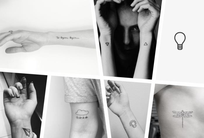 različni simboli in vzorci za minimalistično tetovažo na zapestju, male črke na ženski roki