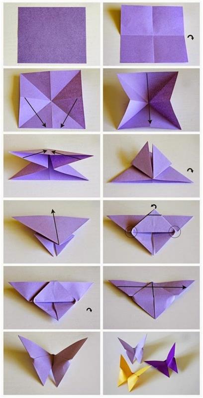 origami kelebekler, mor ve sarı, sevimli duvar dekoru, adım adım, kendin yap öğreticisi, origami nasıl katlanır