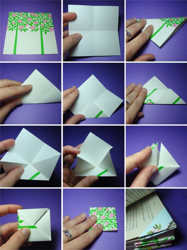 Basılı kağıtta bitki desenli basit bir origami yer imi yapmak için kolay kağıt katlama, okula dönüş için DIY origami