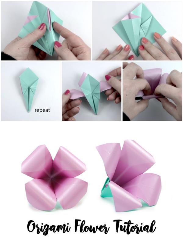 gražus rainelės gėlių origami modelis, pagamintas greitai