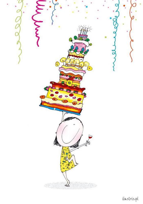 Rojstnodnevna zabava, barvita risba deklice s skodelico vina v eni roki in veliko torto v drugi, ravnovesje v življenju