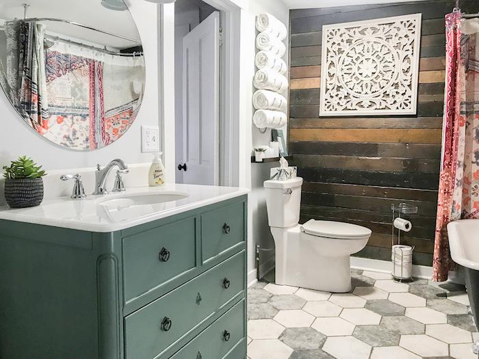 Vintage banyo lavabo dolabı, ahşap duvar ve beyaz boyalı duvar, modern banyo fikirleri, modern banyo duvar dekoru