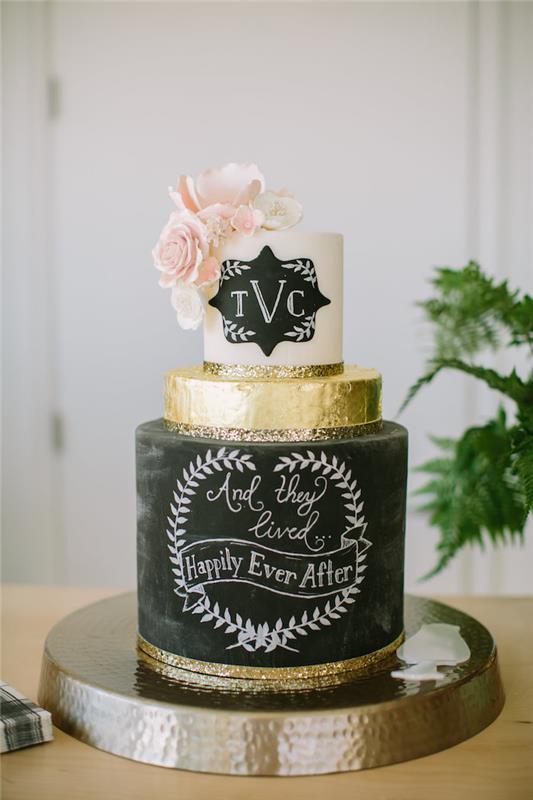 Gražus vestuvinio torto įvaizdis, kokia vestuvių torto puošmena pasirinkti stilingą juodos baltos ir auksinės spalvos tortą