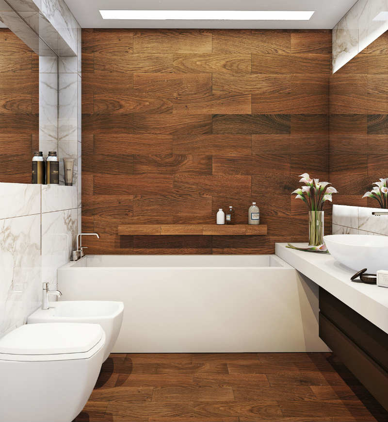 banheiro com acabamento em madeira