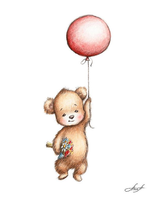 Rdeči balon in čudovit medved s šopkom cvetja, podoba humorja za rojstni dan, navdih za začetnike
