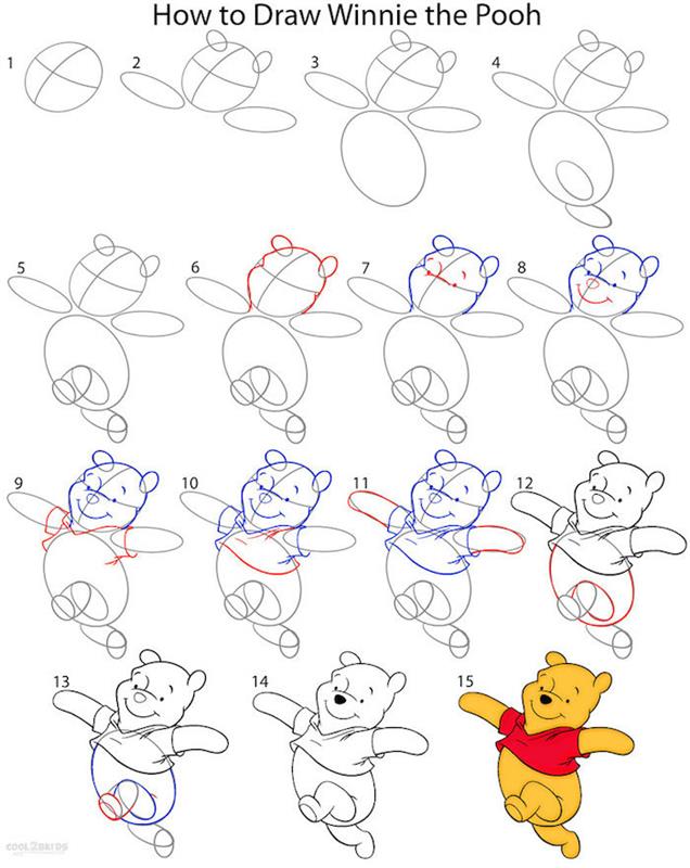 Winnie Pooh barvita preprosta risba korak za korakom, kako za začetnike narisati čudovit primer risanja