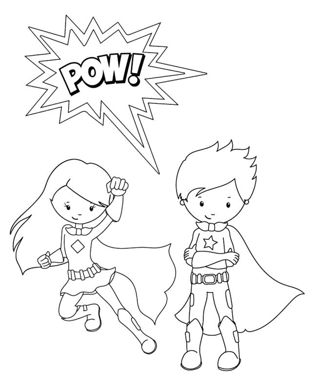 piešti spalvinimo mergaitės ir berniuko superherojus kostiumuose su pelerinais, spalvinti superherojus vaikams