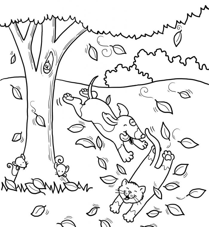 paprastas spalvinimo puslapis vaikui rudens medžio piešimo užsiėmimas darželis įdomus užsiėmimas piešiant kačių šunų draugystę